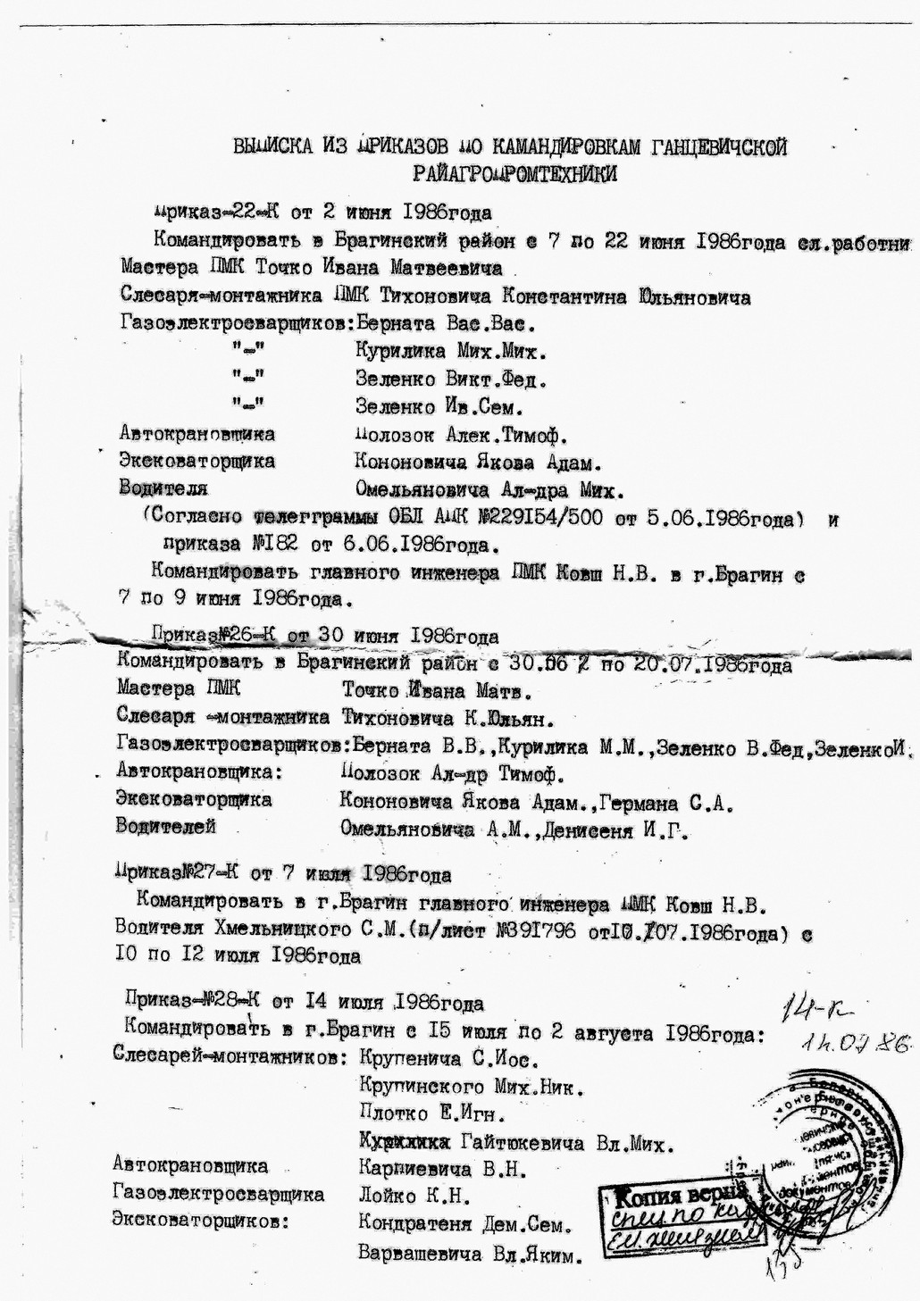 В выписке из приказов Ганцевичской райагропромтехники – десятки фамилий ганцевчан, побывавших в загрязнённой зоне