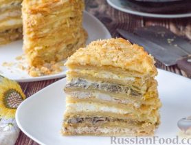 Закусочный торт Наполеон с курицей и грибами