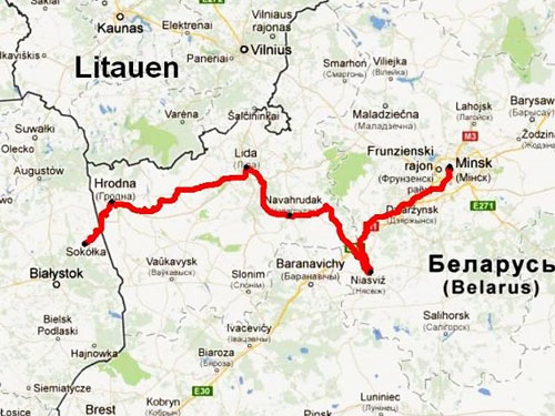 Маршрут из города Сокулка в Польше через Гродно, Лиду, Новогрудок и Несвиж в Минск