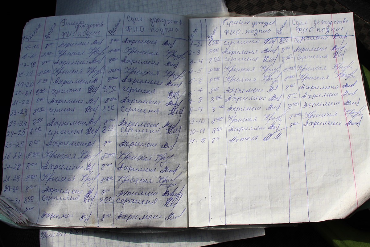 Сшытак, у якім вартаўнікі на ферме ў Лактышах адзначаюць, што іх змена доўжыцца 24 гадзіны ў суткі.    