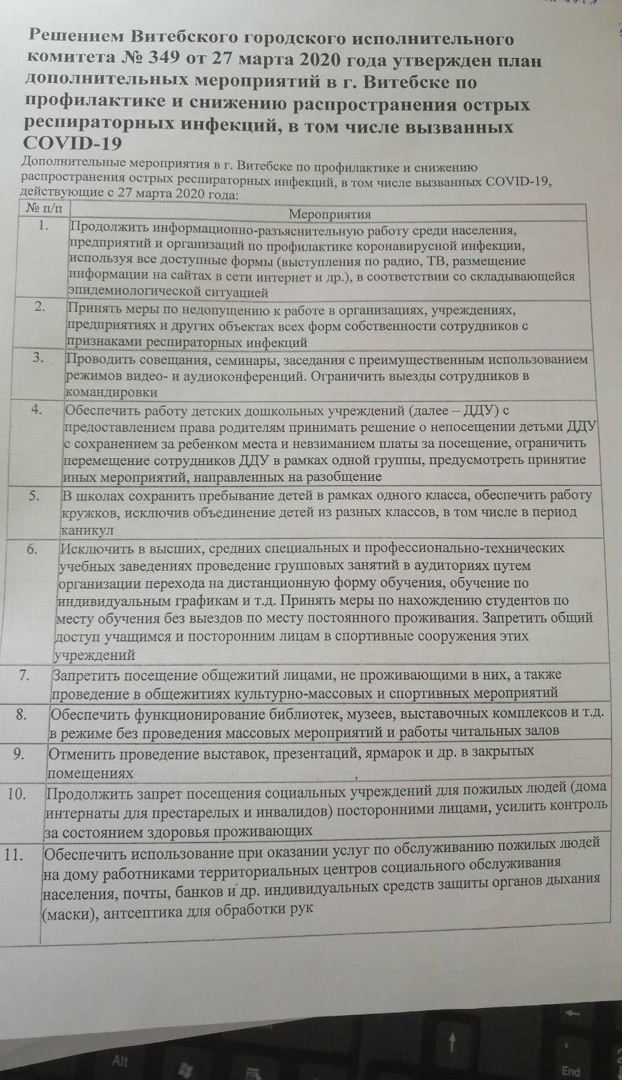 Решение Витебского  городского исполнительного комитета №349 от 27 марта 2020 года