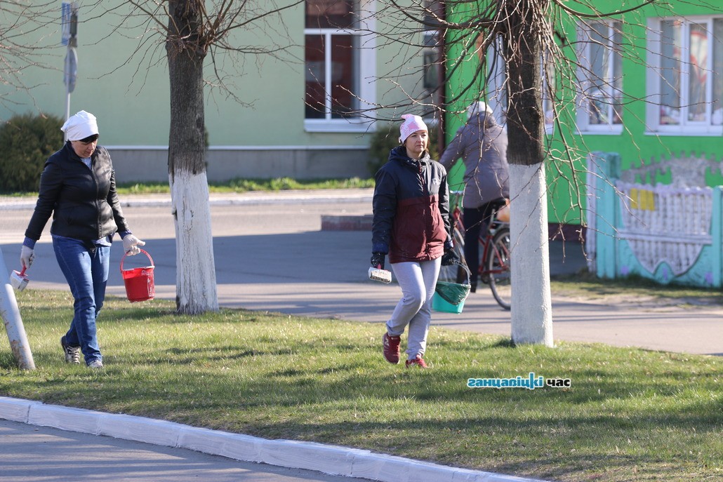 Скоро Пасха: в Ганцевичах белят бордюры и деревья